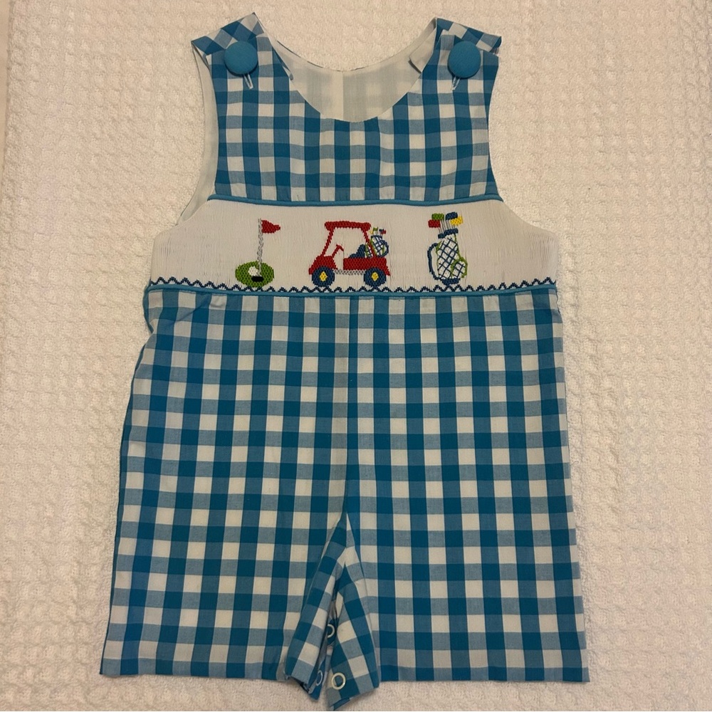 Banana split romper boys 9 month blue and white checkered smocked golf summer
